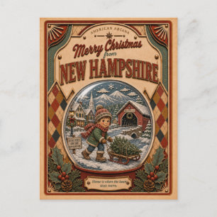 Merry Christmas New Hampshire Vintage Snow Globe Holiday Postcard