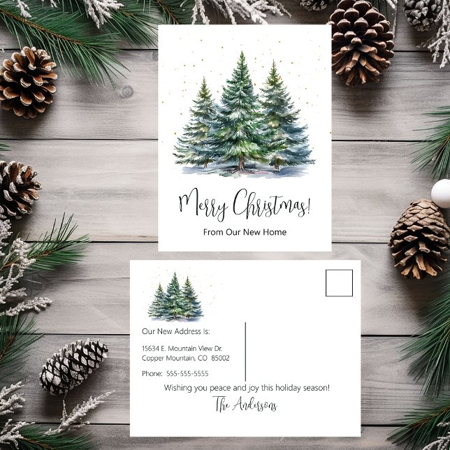 Merry Christmas New Home Pine Trees Announcement Postcard (Creator Uploaded)