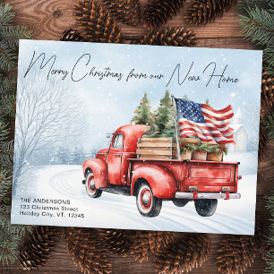 Merry Christmas New Home Vintage Red Truck Moving Holiday Postcard