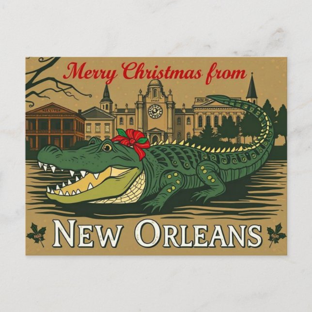 Merry Christmas New Orleans Alligator Holiday Postcard (Front)