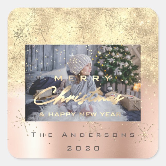 Merry Christmas New Sepia Gold Glitter Photo Spark Square Sticker (Front)
