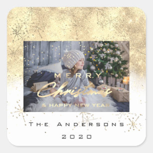 Merry Christmas New Sepia Gold Glitter Photo White Square Sticker
