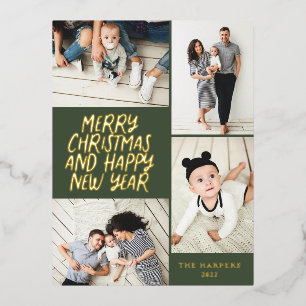 Merry Christmas New Year 4 Photo Collage Evergreen Foil Holiday Postcard