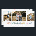 Merry Christmas New Year Colourful 3 Photo Collage Holiday Card<br><div class="desc">This stylish design features a 3 photo collage with modern handwritten styled greeting in bright colours that pop. Comes with a whimsical snowfall pattern on the back to match.</div>