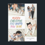 Merry Christmas New Year Colourful 4 Photo Collage Holiday Postcard<br><div class="desc">This stylish and festive multi-photo holiday postcard features handwritten styled type with a photo collage showcasing 4 of your photos. On the back, add your return address and a pre-printed custom message for easy and quick holiday card mailing. Just add your photos and text with a few taps and clicks...</div>