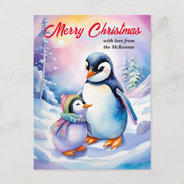 Merry Christmas New Year Cute Watercolor Penguins  Holiday Postcard (Front)