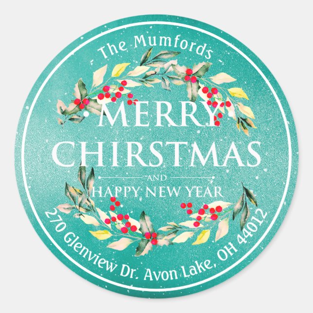 Merry Christmas New Year Floral Red Berry Address Classic Round Sticker (Front)
