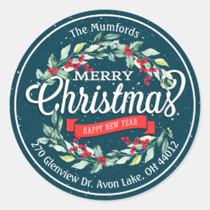 Merry Christmas New Year Floral Red Berry Address Classic Round Sticker
