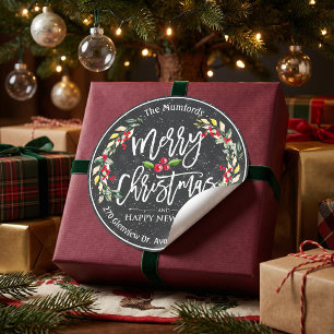 Merry Christmas New Year Floral Red Berry Address Classic Round Sticker