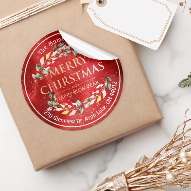 Merry Christmas New Year Floral Red Berry Address Classic Round Sticker (Creator Uploaded)
