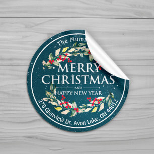 Merry Christmas New Year Floral Red Berry Address Classic Round Sticker