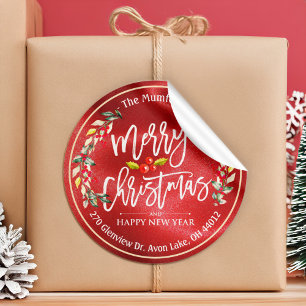 Merry Christmas New Year Floral Red Berry Address Classic Round Sticker