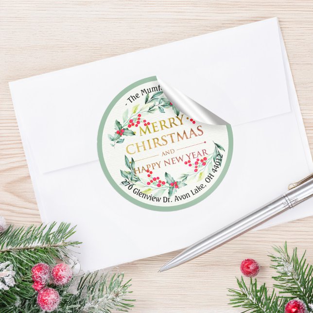 Merry Christmas New Year Floral Red Berry Address Classic Round Sticker (Creator Uploaded)