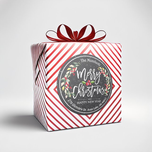 Merry Christmas New Year Floral Red Berry Address Classic Round Sticker (Creator Uploaded)