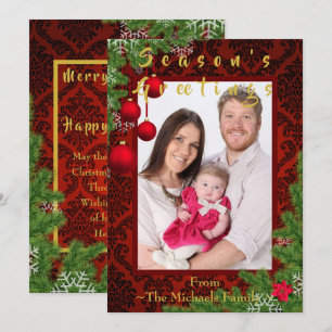 Merry Christmas New Year Greetings Photo Damask Holiday Card