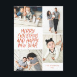 Merry Christmas New Year Red 4 Photo Collage Holiday Postcard<br><div class="desc">This stylish and festive multi-photo holiday postcard features handwritten styled type with a photo collage showcasing 4 of your photos. On the back, add your return address and a pre-printed custom message for easy and quick holiday card mailing. Just add your photos and text with a few taps and clicks...</div>
