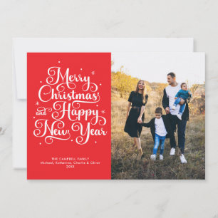 Merry Christmas New Year Red Script Photo Holiday Card