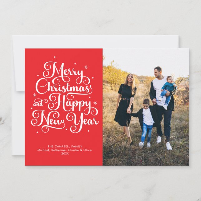 Merry Christmas New Year Red Script Photo Holiday Card (Front)
