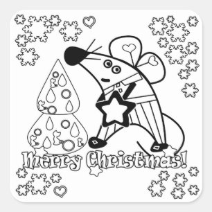 Merry Christmas New Year Symbol Mouse Cartoon cute Square Sticker
