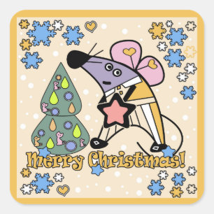 Merry Christmas New Year Symbol Mouse Cartoon cute Square Sticker