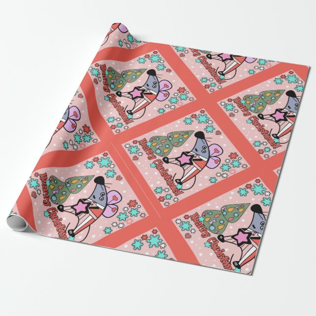 Merry Christmas New Year Symbol Mouse Cartoon cute Wrapping Paper (Unrolled)