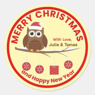 Merry Christmas & New Year Winter Cute Owl Name C Classic Round Sticker