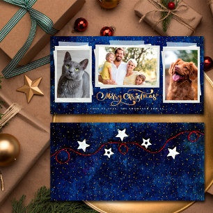 Merry Christmas Night Gold Stars 3 Photo Collage Holiday Card