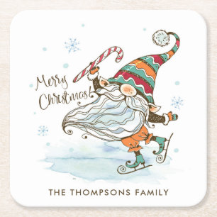 Merry Christmas Nordic Gnome Personalised Square Paper Coaster
