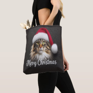 Merry Christmas Norwegian Forest Cat, Santa Kitty Tote Bag