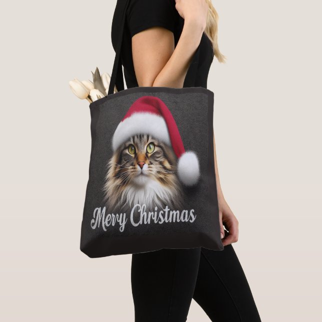 Merry Christmas Norwegian Forest Cat, Santa Kitty Tote Bag (Close Up)
