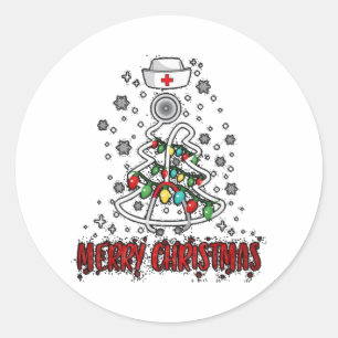 Merry Christmas Nurse Shirt Stethoscope Tree Light Classic Round Sticker