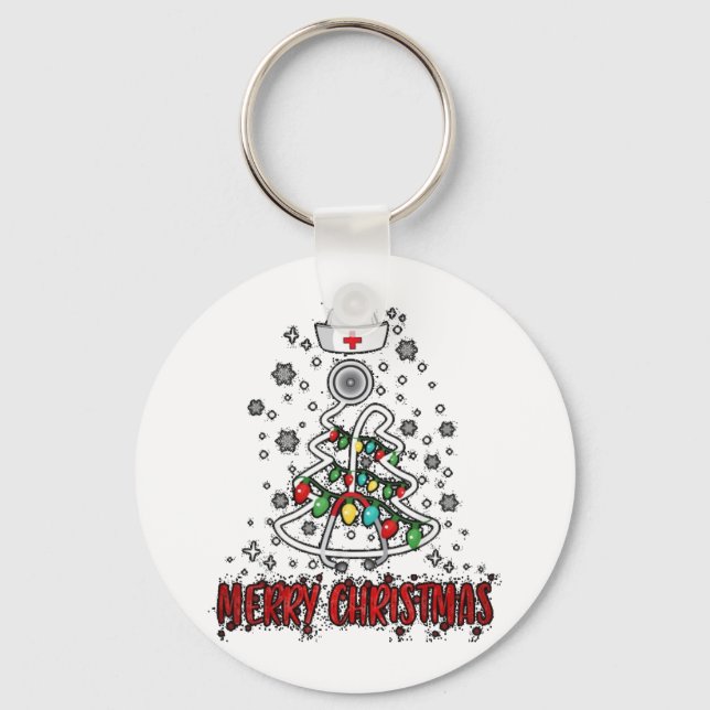 Merry Christmas Nurse Shirt Stethoscope Tree Light Key Ring (Front)