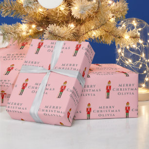 Merry Christmas Nutcracker Name Pink Grey Modern Wrapping Paper