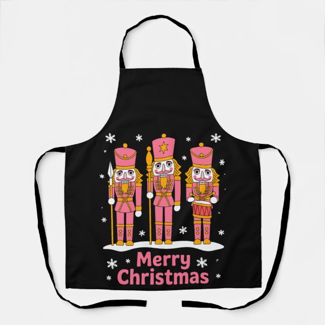 Merry Christmas Nutcracker Soldiers Snowflake Pink Apron (Front)