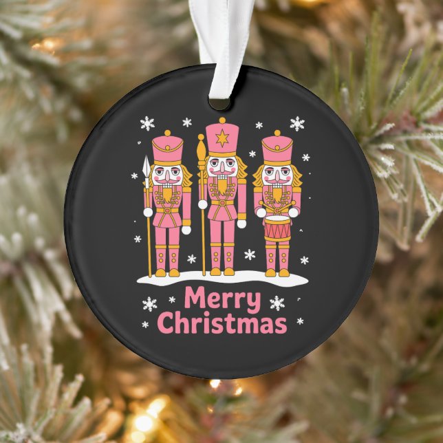 Merry Christmas Nutcracker Soldiers Snowflake Pink Ornament (Tree)