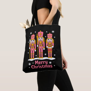 Merry Christmas Nutcracker Soldiers Snowflake Pink Tote Bag