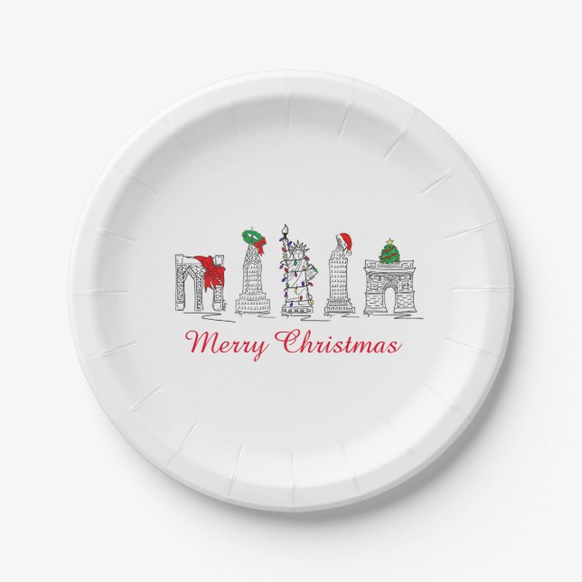 Merry Christmas NYC Buildings Landmarks Holiday Paper Plate (Front)