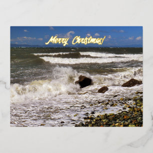 Merry Christmas Ocean Waves Beach Photo Foil Holiday Postcard