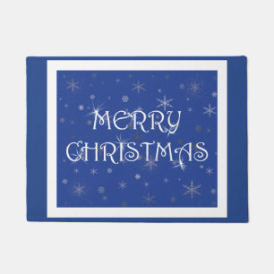 Merry Christmas on Blue with Snowflakes Doormat