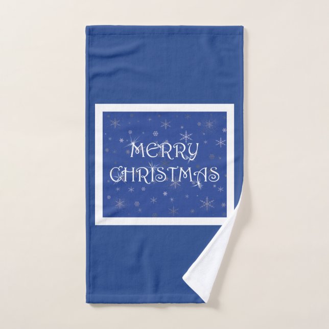 Merry Christmas on Blue with Snowflakes Hand Towel (Hand Towel)