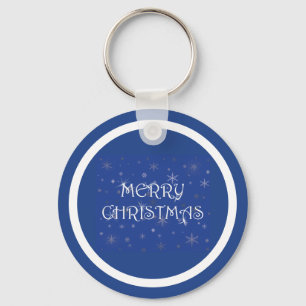 Merry Christmas on Blue with Snowflakes Key Ring