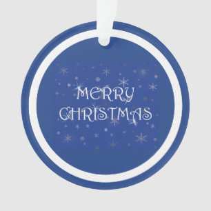 Merry Christmas on Blue with Snowflakes Ornament