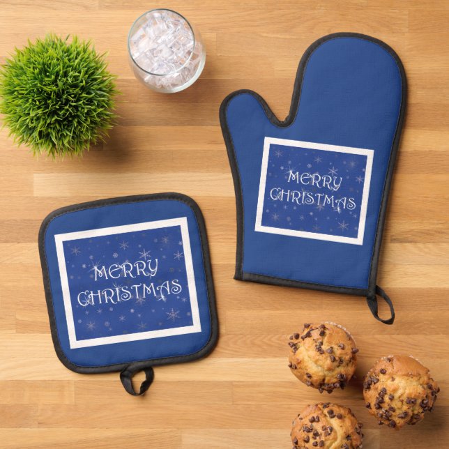 Merry Christmas on Blue with Snowflakes Oven Mitt & Pot Holder Set (Top Down)