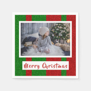 Merry Christmas on Knitting Red and Green Photo Napkin