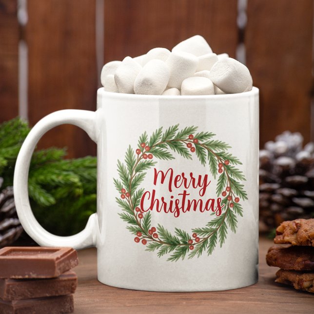 Merry Christmas On Red Green Holly Wreath Holiday Coffee Mug (Creator Uploaded)