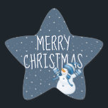 Merry Christmas On Stars and Snowman<br><div class="desc">Cute snowman and snowflake stars on a winter blue background.</div>