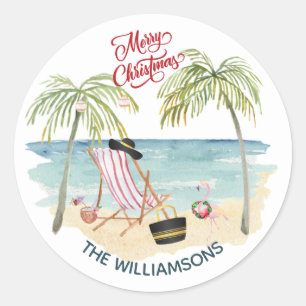 Merry Christmas on the Beach Family Name Classic Round Sticker