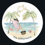 Merry Christmas on the Beach Family Name  Classic Round Sticker<br><div class="desc">Doesn't this tell a great story -- it is still a Merry Christmas on the beach moment -- whether you are actually on the beach or might like to imagine that you are -- this artistic watercolor sticker will take you there. Enjoy and it would make a really fun and...</div>