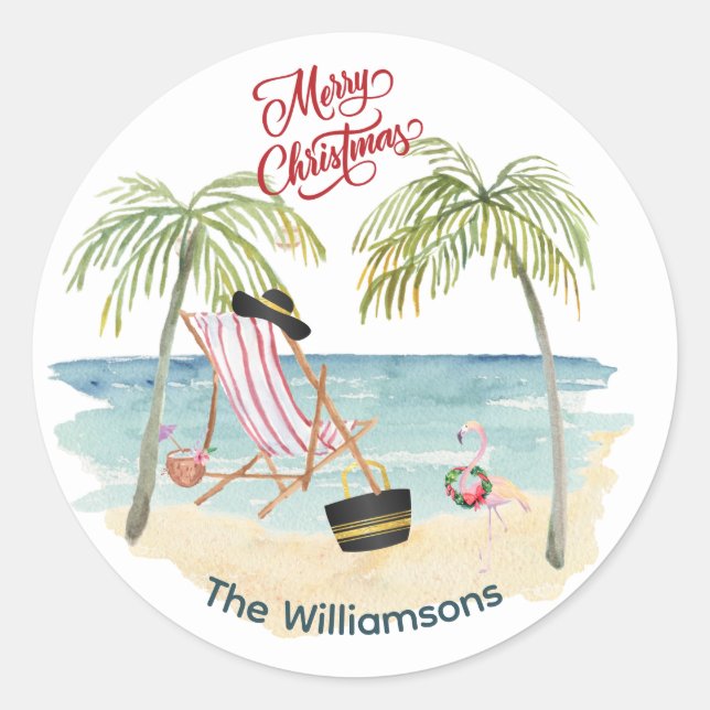 Merry Christmas on the Beach Family Name Classic Round Sticker (Front)