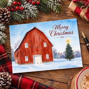 Merry Christmas on the Farm Rustic Red Barn Holiday Card